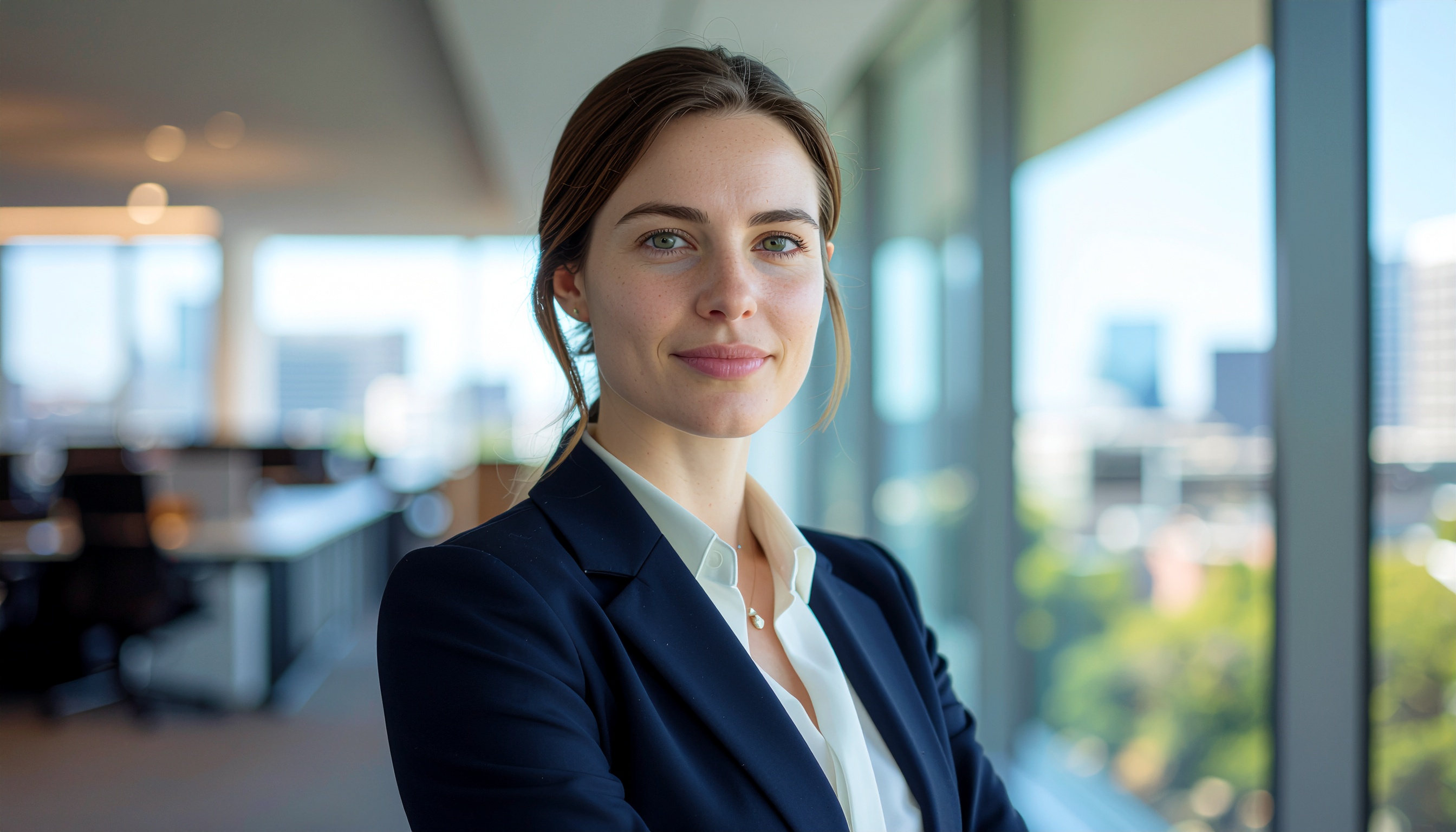 Retrato de uma mulher em ambiente corporativo moderno, com grandes janelas ao fundo. A iluminação natural destaca os traços faciais, transmitindo profissionalismo e confiança. A composição é equilibrada, com foco nítido na figura central e fundo suavemente desfocado.